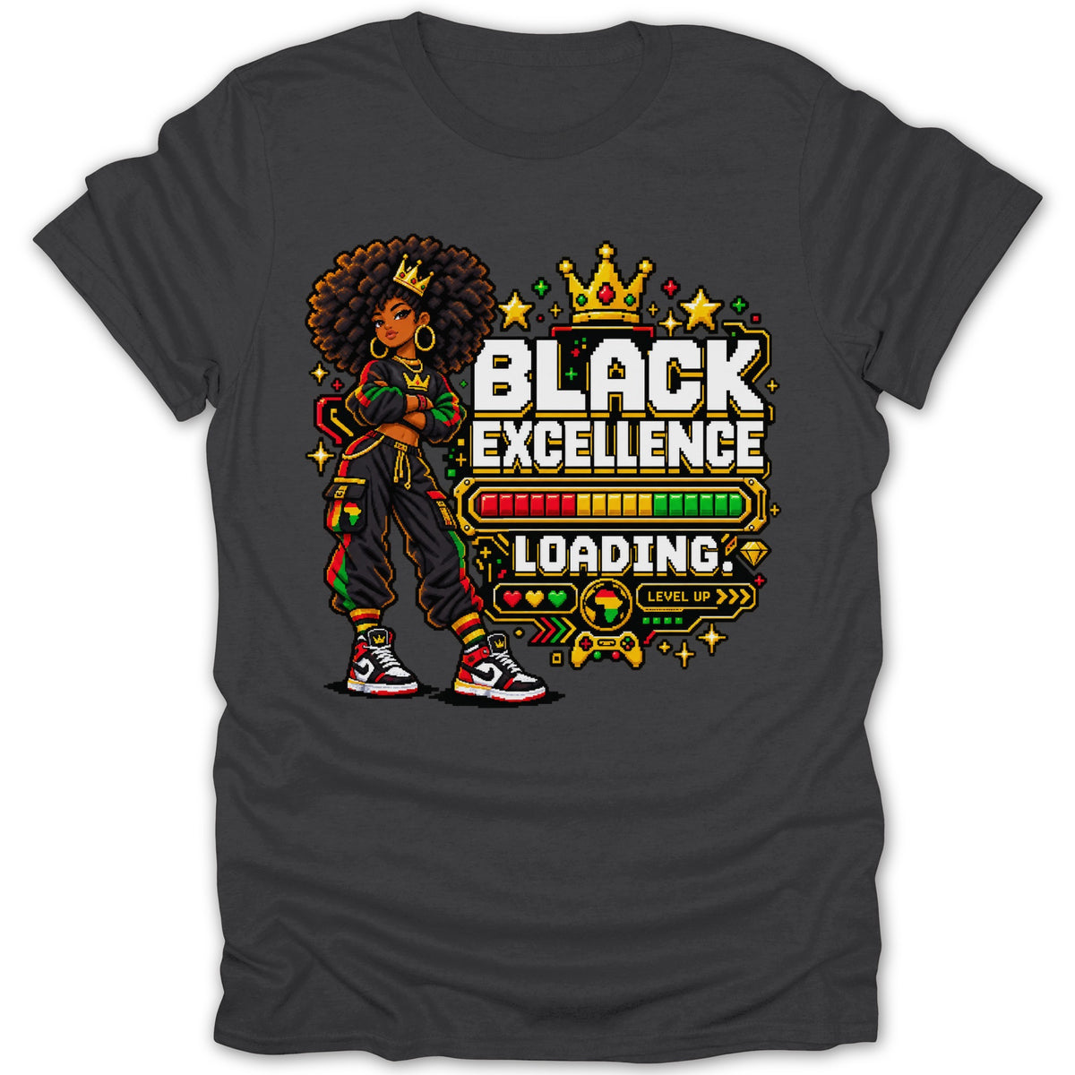 Pixelated Black Excellence loading text with a crowned woman and gaming elements.