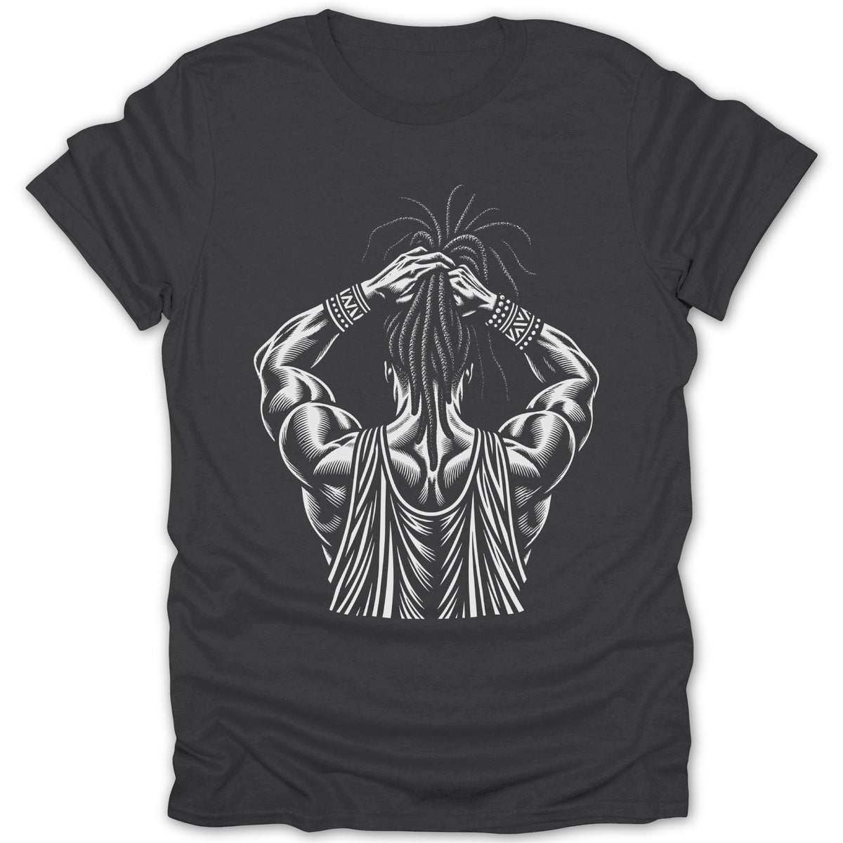 Detailed white illustration of a muscular man with dreadlocks on a dark grey t-shirt.