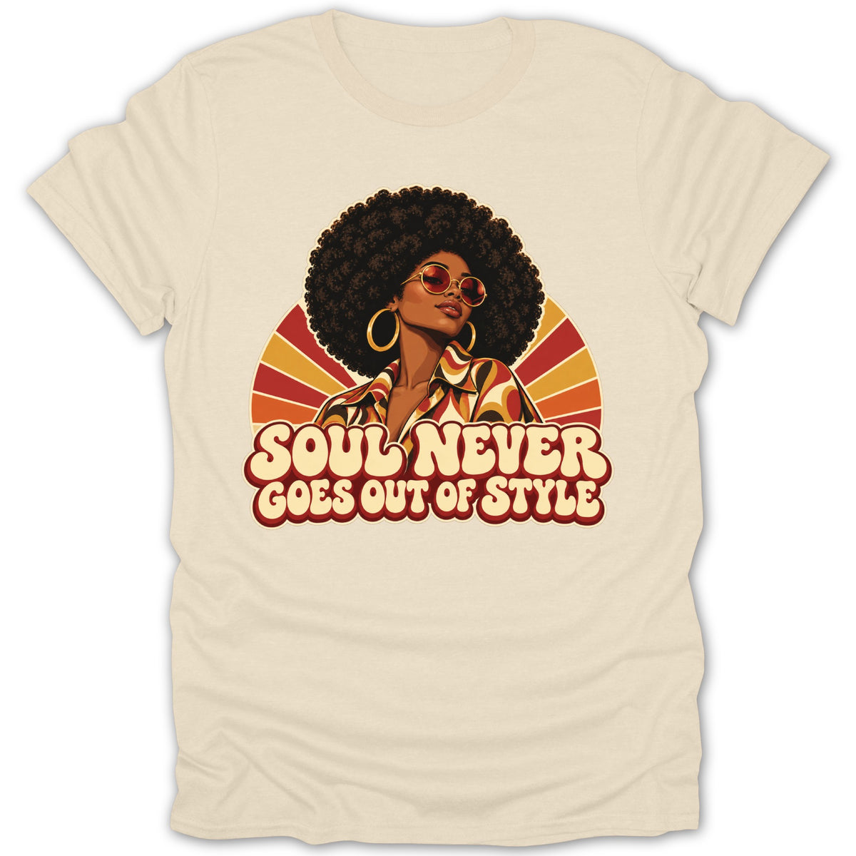 Retro illustration of a woman with an afro and sunglasses on a cream t-shirt.