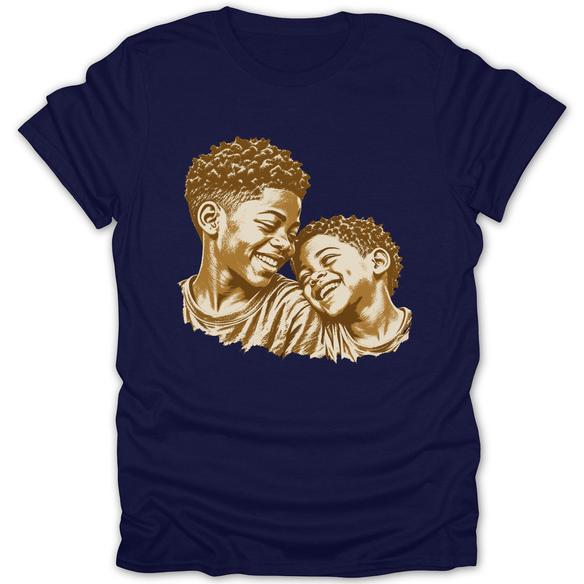 T-shirt with a golden brown sketch of two brothers smiling.