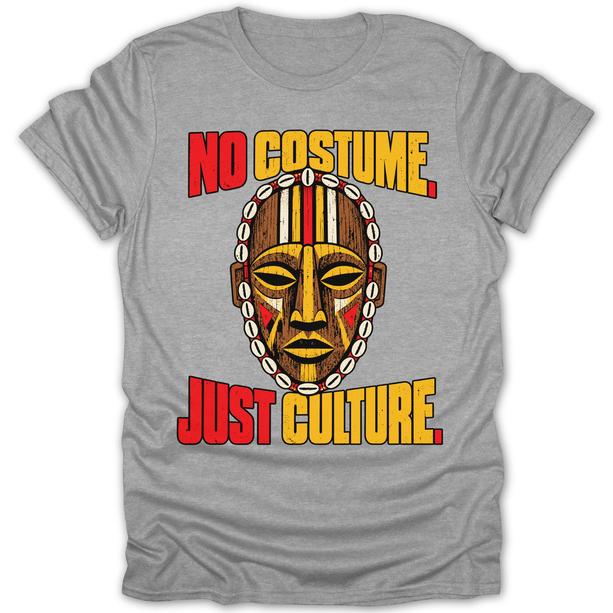 Grey t-shirt with "No Costume Just Culture" text and African mask graphic.