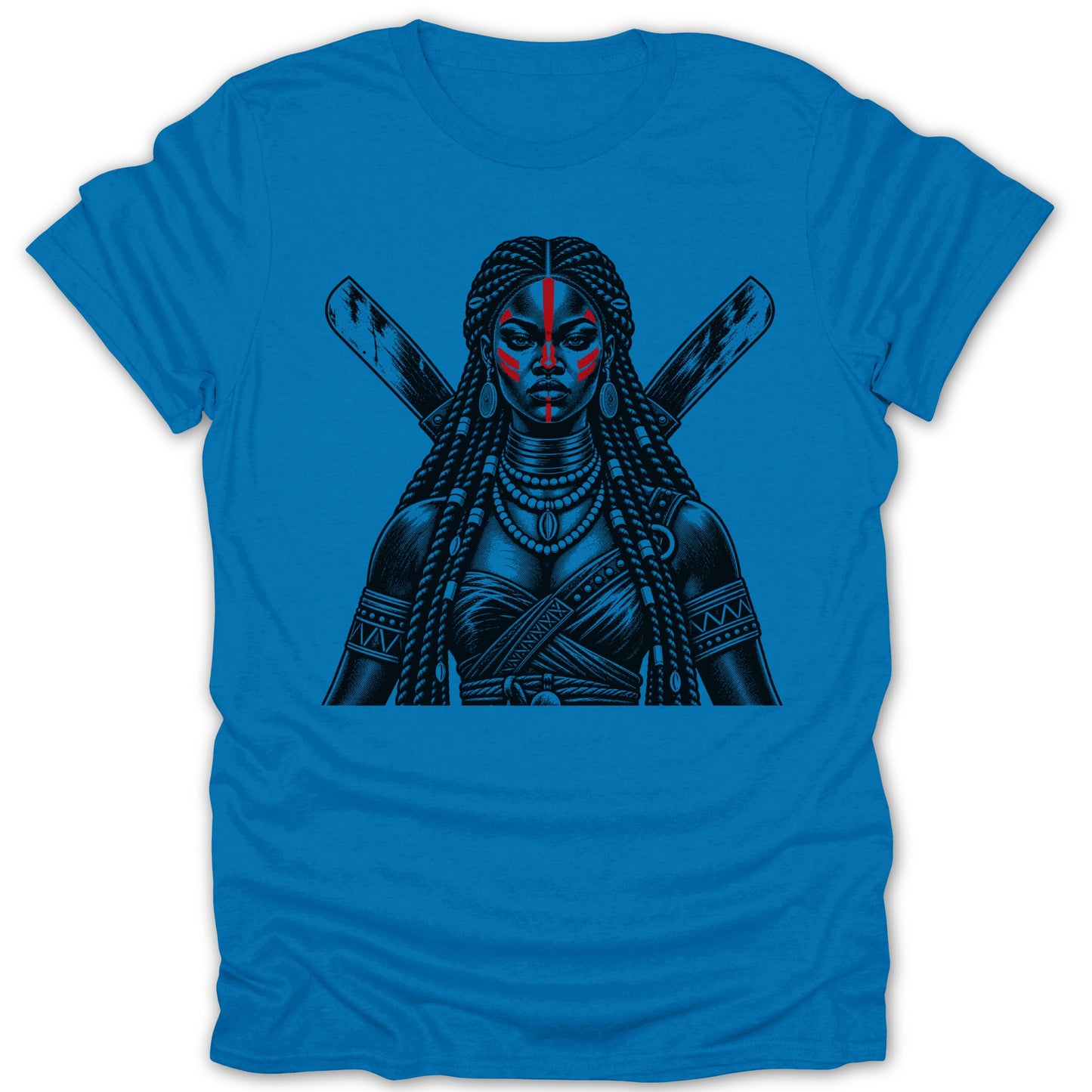 Illustration of a warrior woman with braids, red face paint, and crossed weapons.