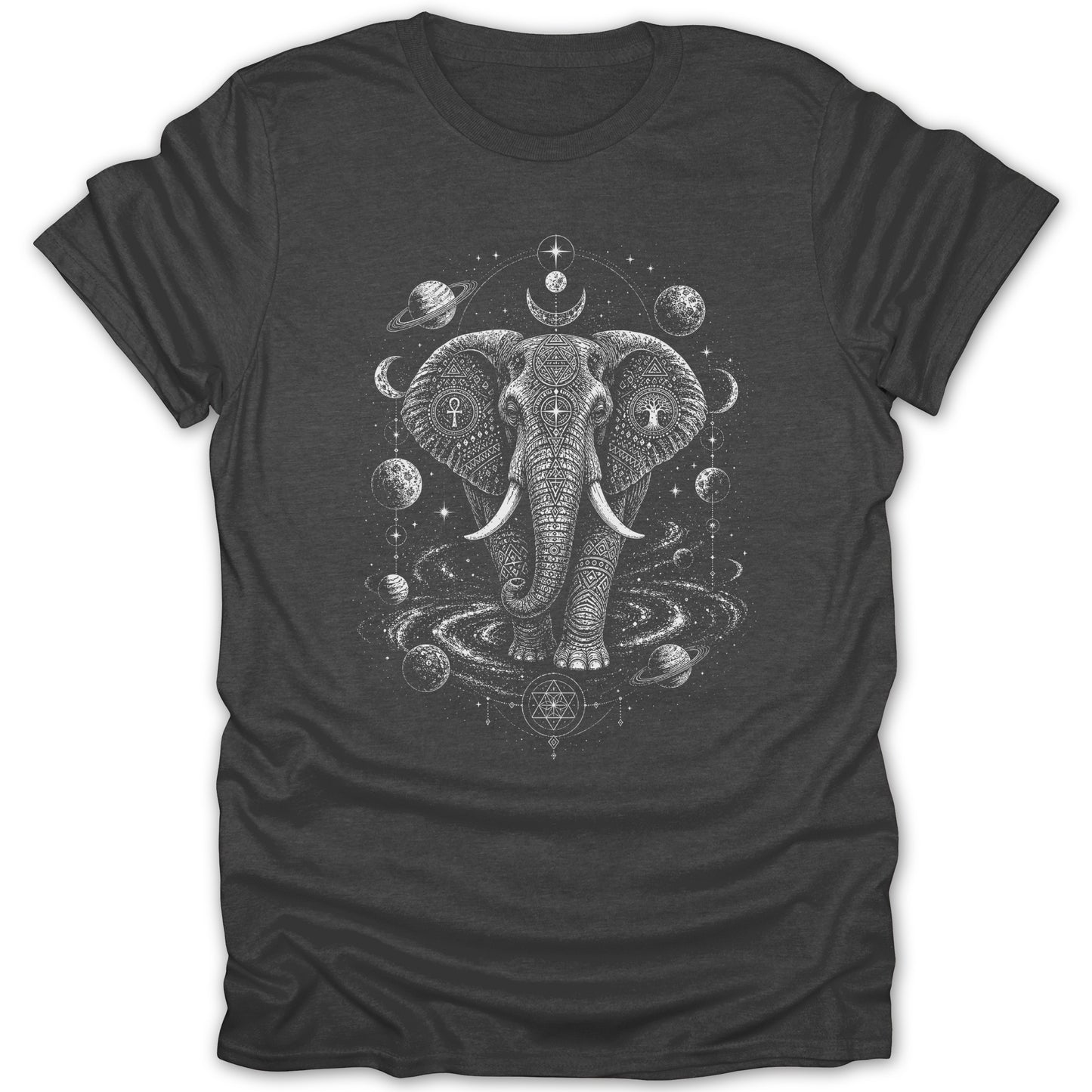 Detailed celestial elephant graphic with planets, moons, and geometric symbols on a dark t-shirt.