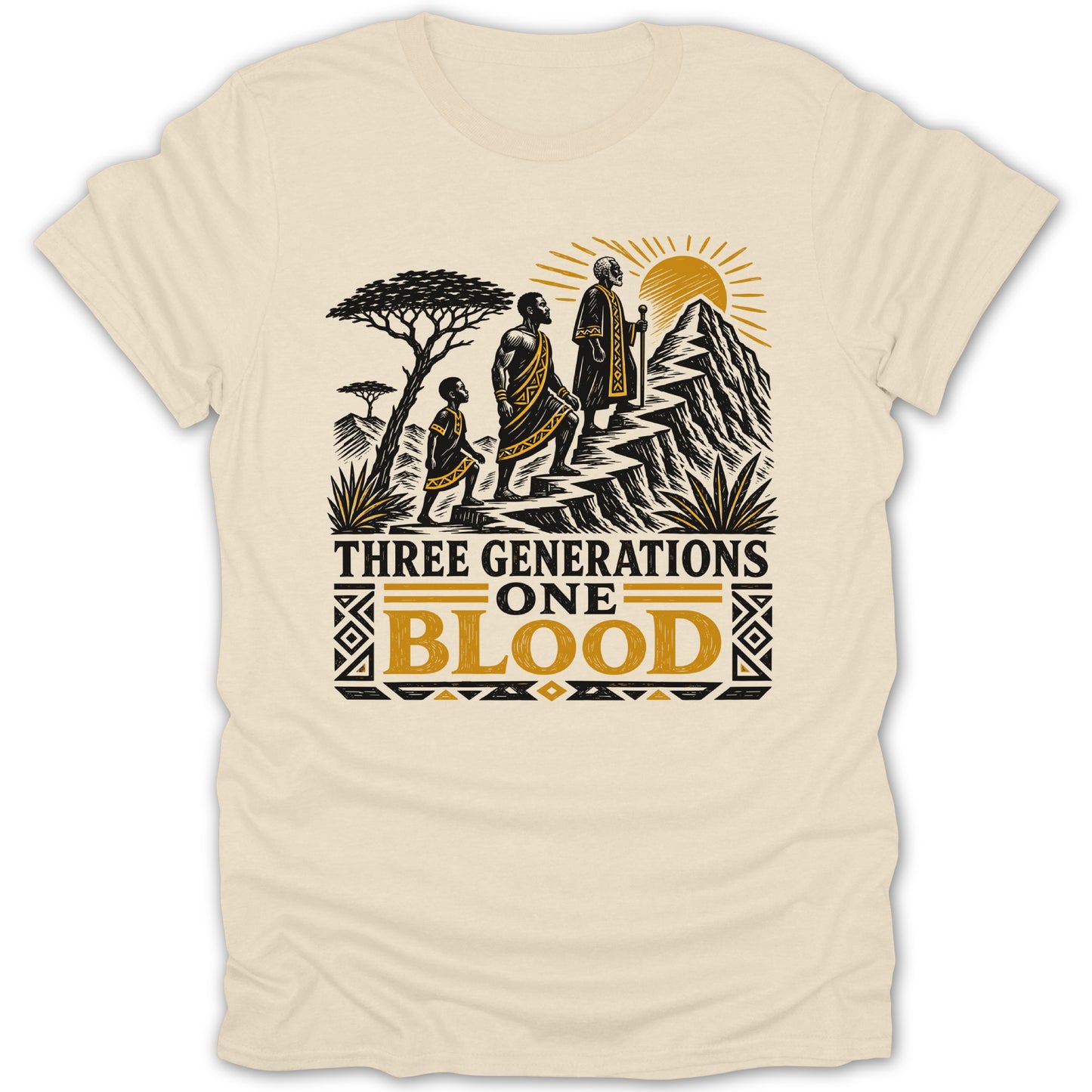 Three generations ascend a mountain with sun and text "THREE GENERATIONS ONE BLOOD".