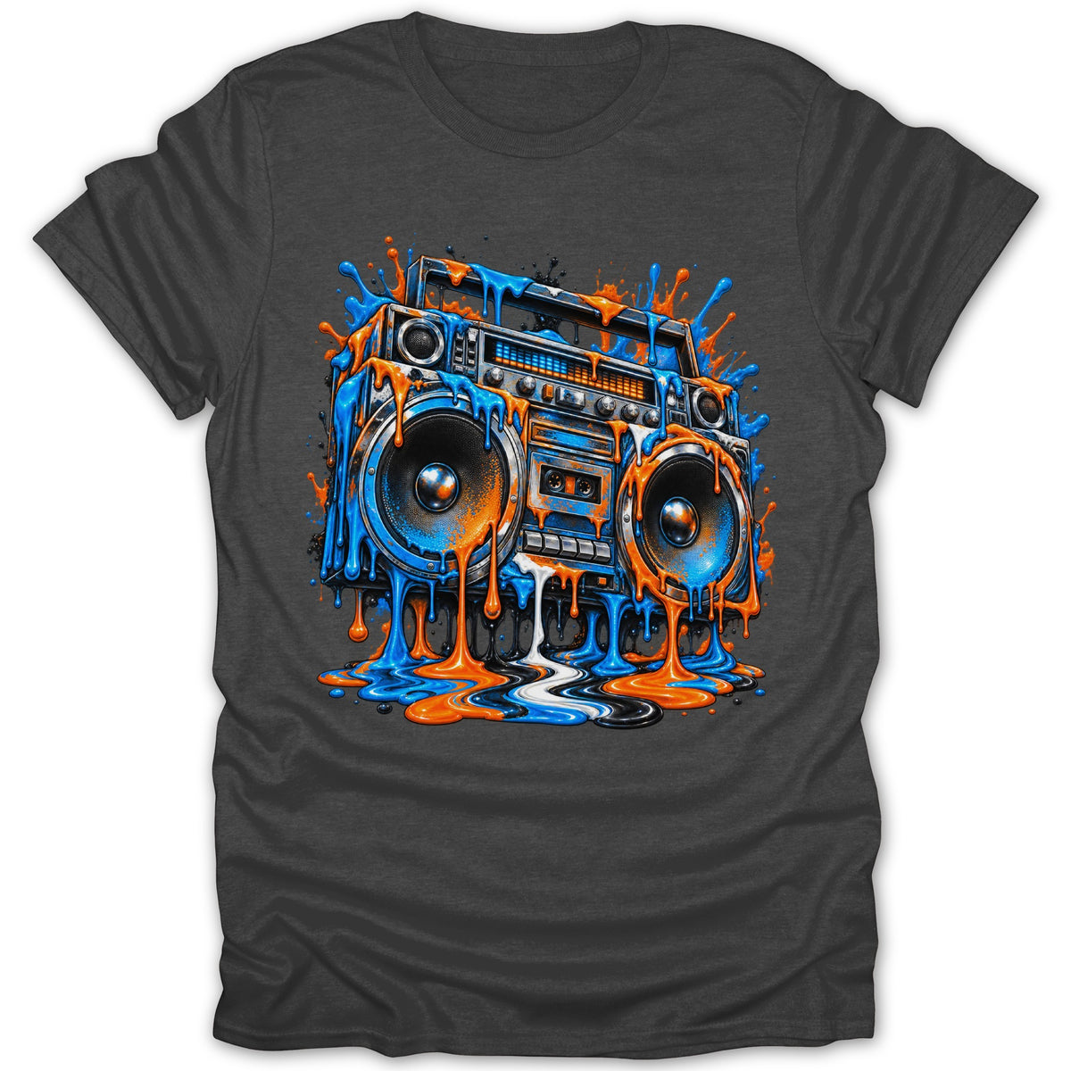 Boombox with dripping blue and orange paint on a dark grey t-shirt.