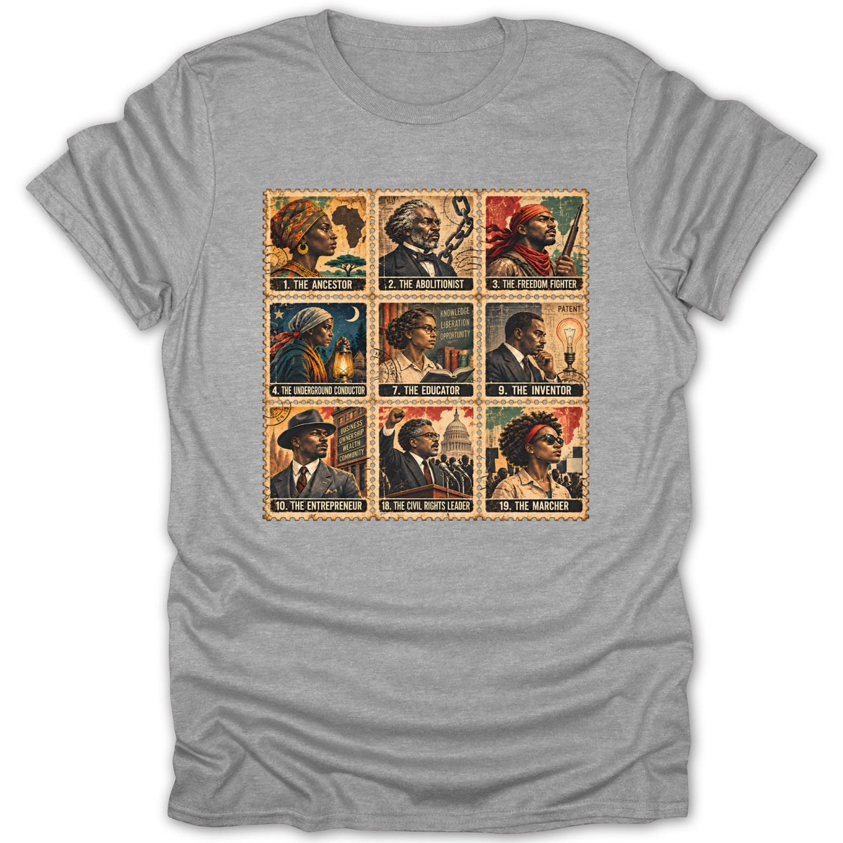 Grid of nine stamps depicting influential Black figures including the Ancestor, Abolitionist, and Freedom Fighter.