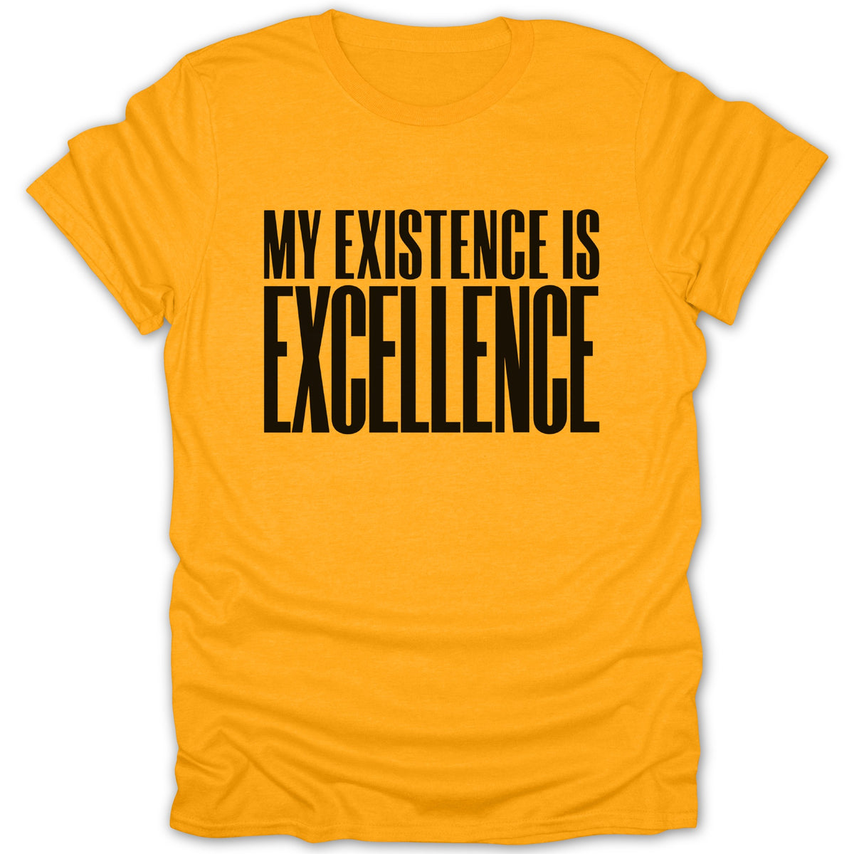 Orange t-shirt with black text that reads "MY EXISTENCE IS EXCELLENCE".