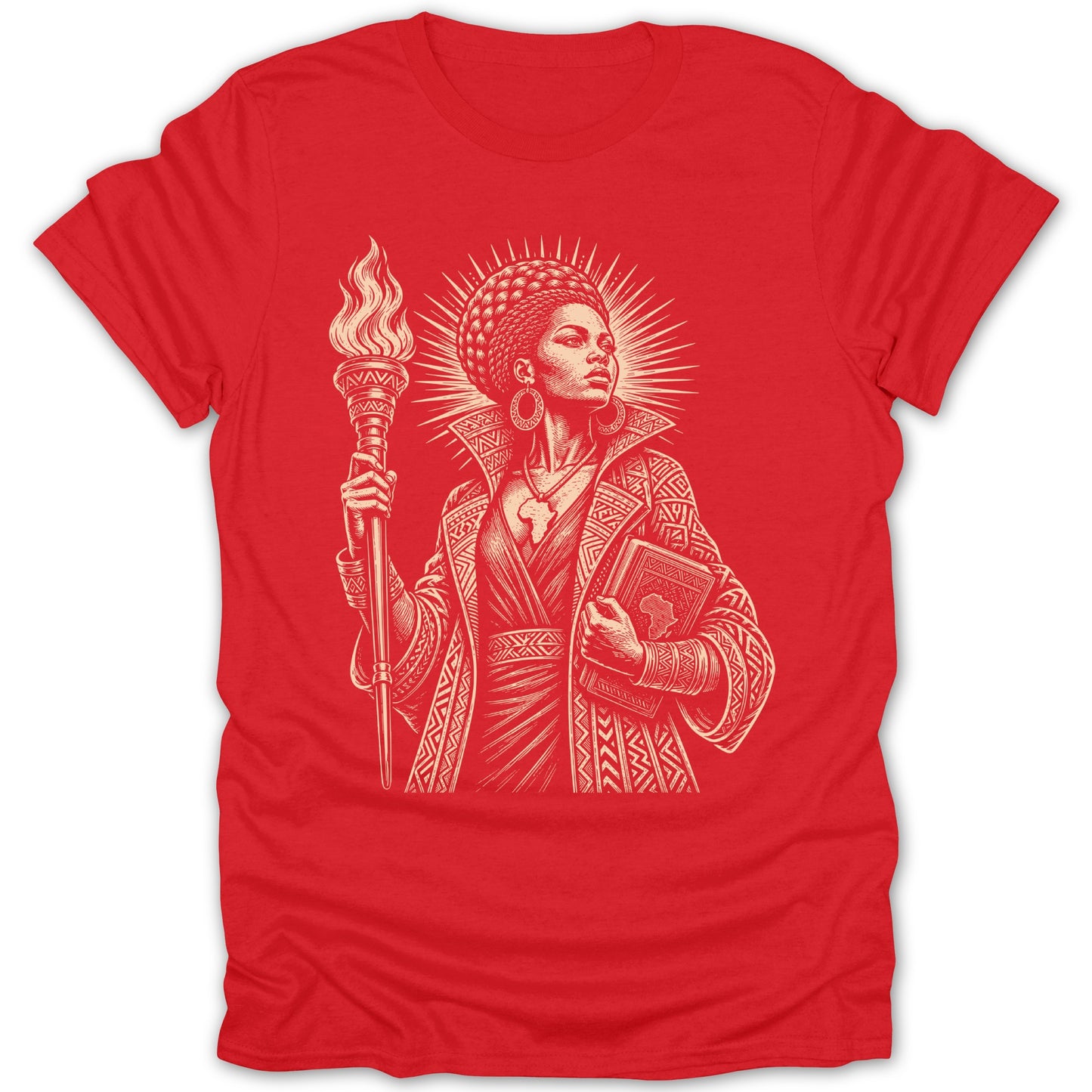 Woman holding torch and book with African map pendant on red t-shirt.
