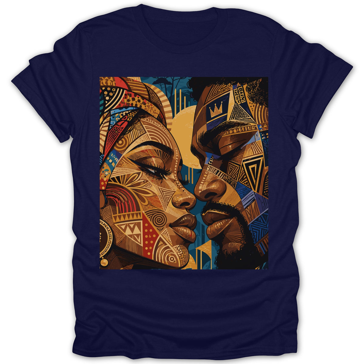 Close-up of a couple's faces with intricate geometric and tribal patterns.