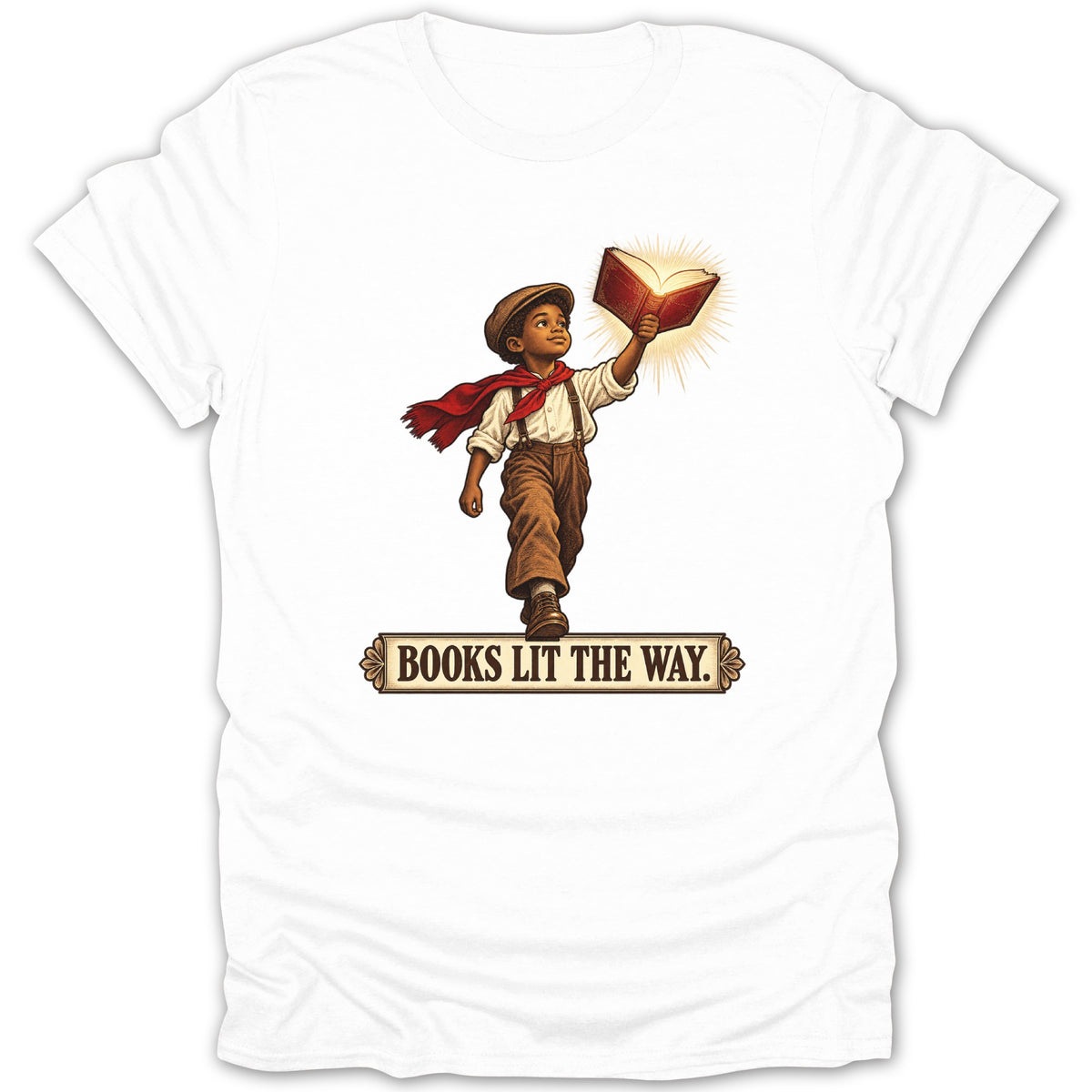 Boy holding illuminated book with text "BOOKS LIT THE WAY."