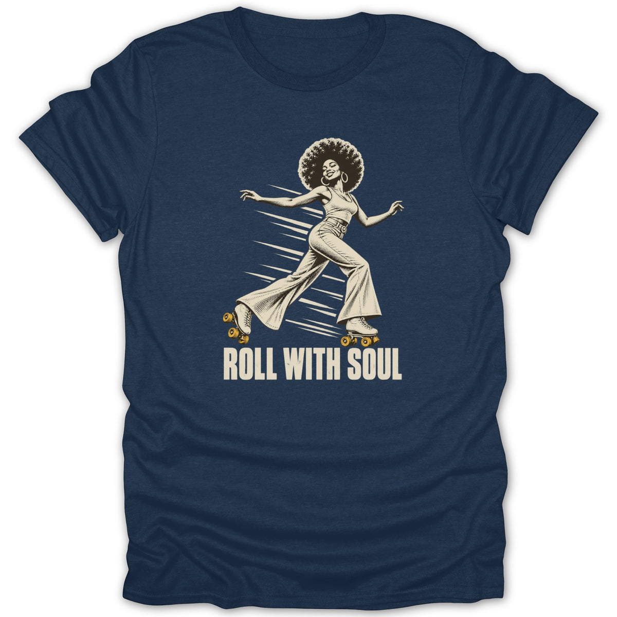 Navy blue t-shirt featuring a retro graphic of a woman roller skating with the text Roll With Soul.
