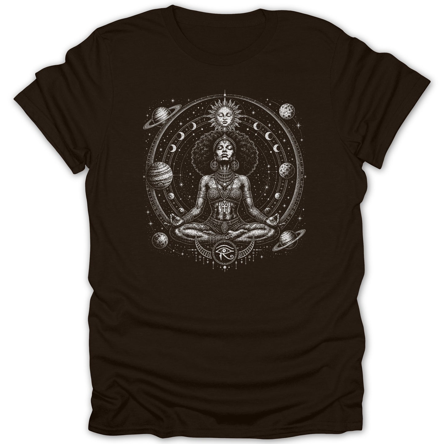Black t-shirt with mystical woman meditating surrounded by planets and sun.