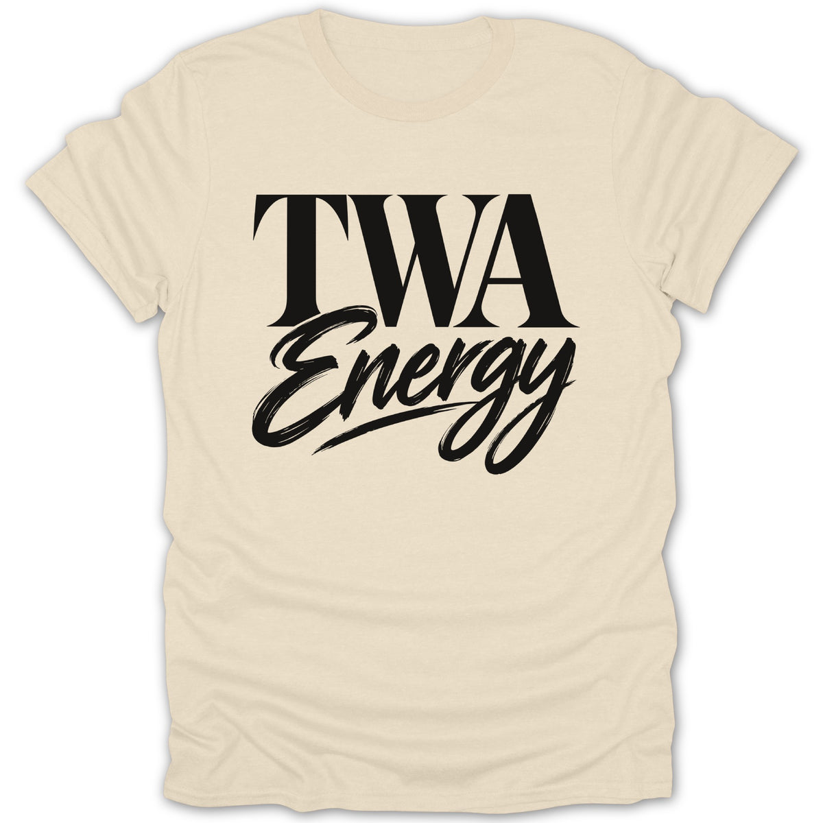 Light cream t-shirt with black "TWA Energy" text.