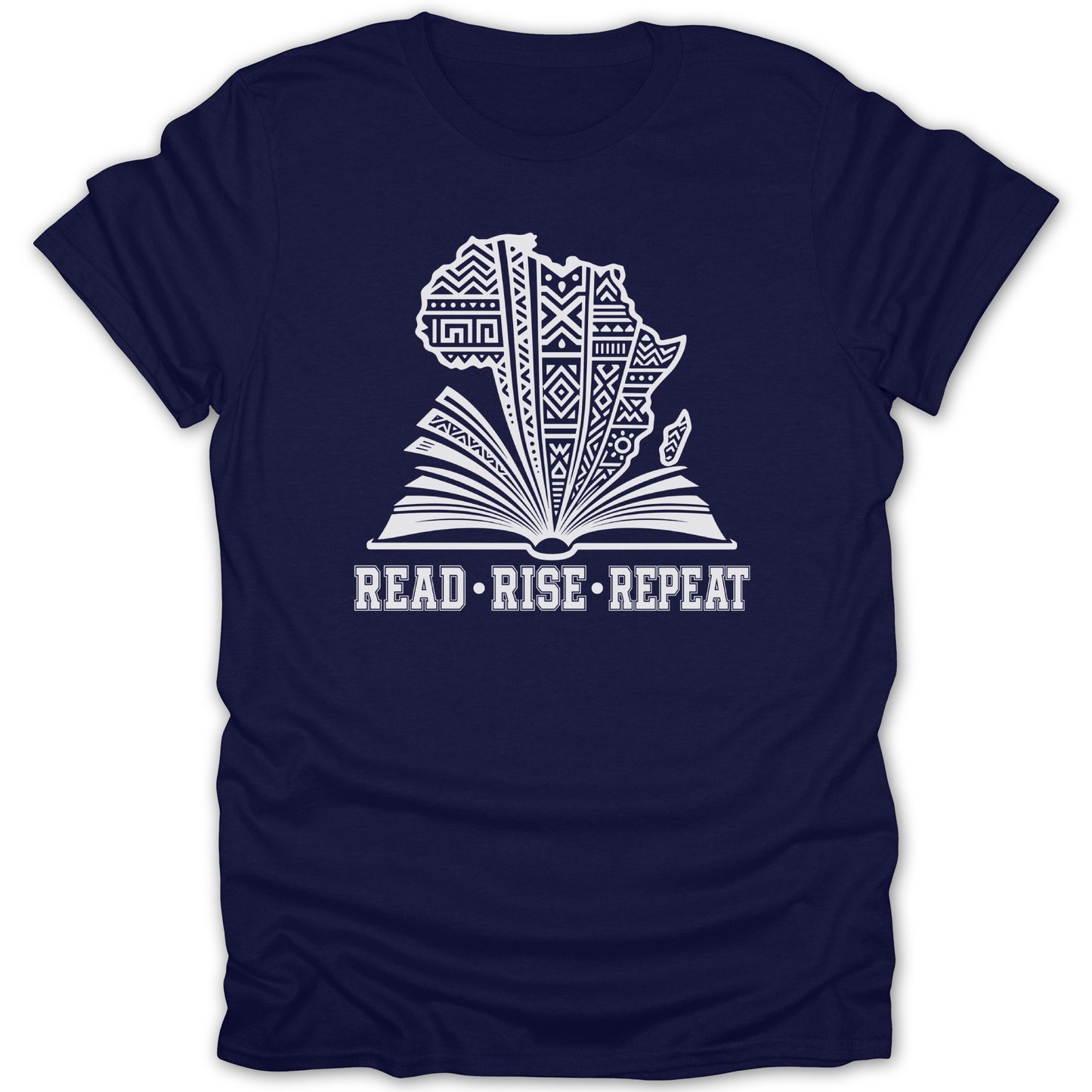 Navy t-shirt with an open book and continent of Africa graphic with the words "READ • RISE • REPEAT".