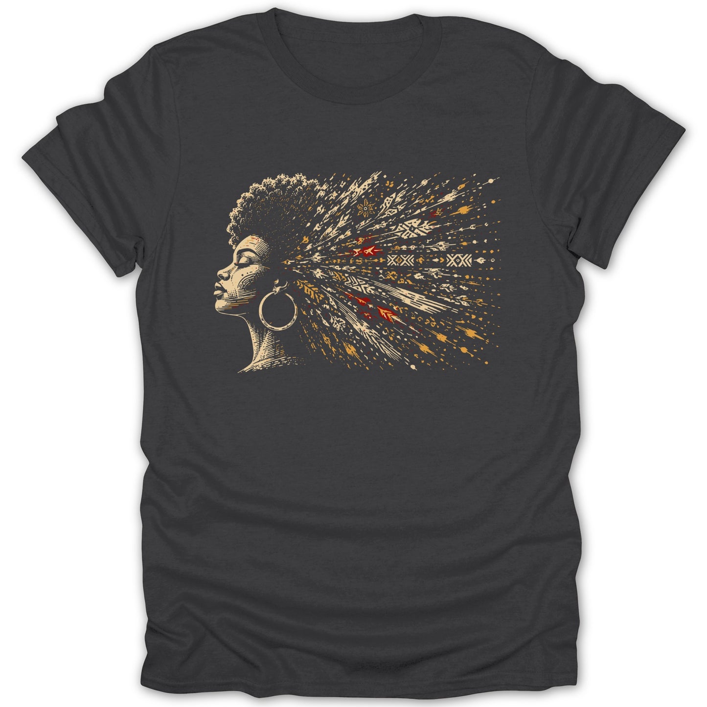 Woman with afro and abstract, tribal-patterned hair design.