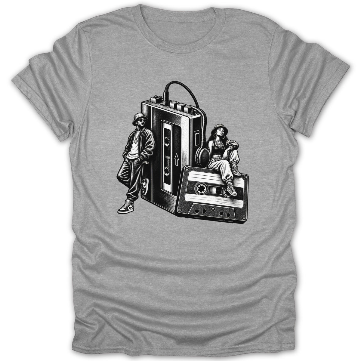 Black and white illustration of two people and a large cassette player on a grey t-shirt.