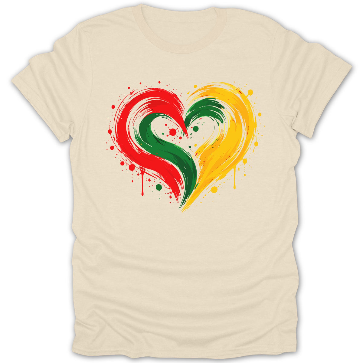 Cream t-shirt with a painted heart design in red, green, and yellow.