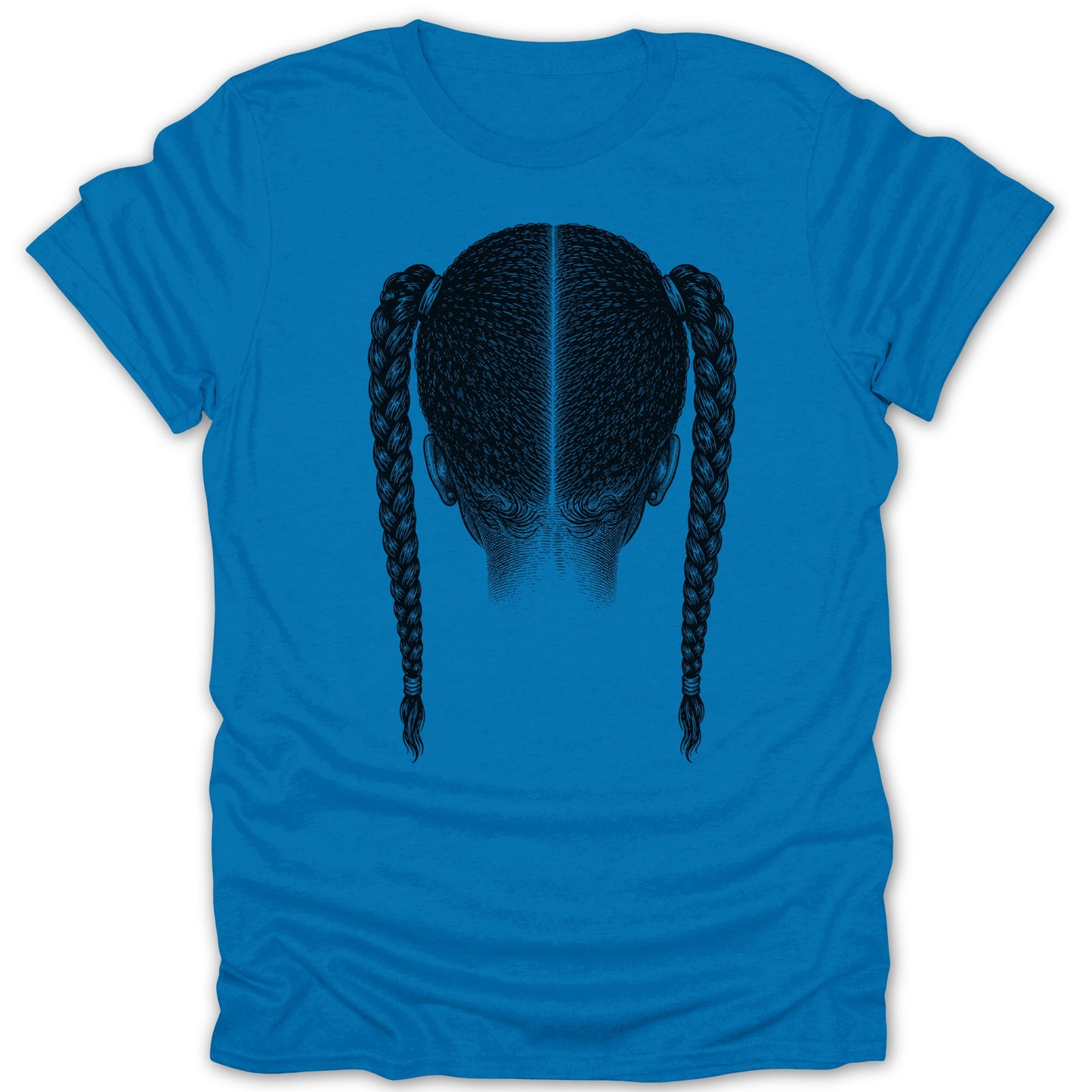 Blue t-shirt with black illustration of the back of a head with two braids.