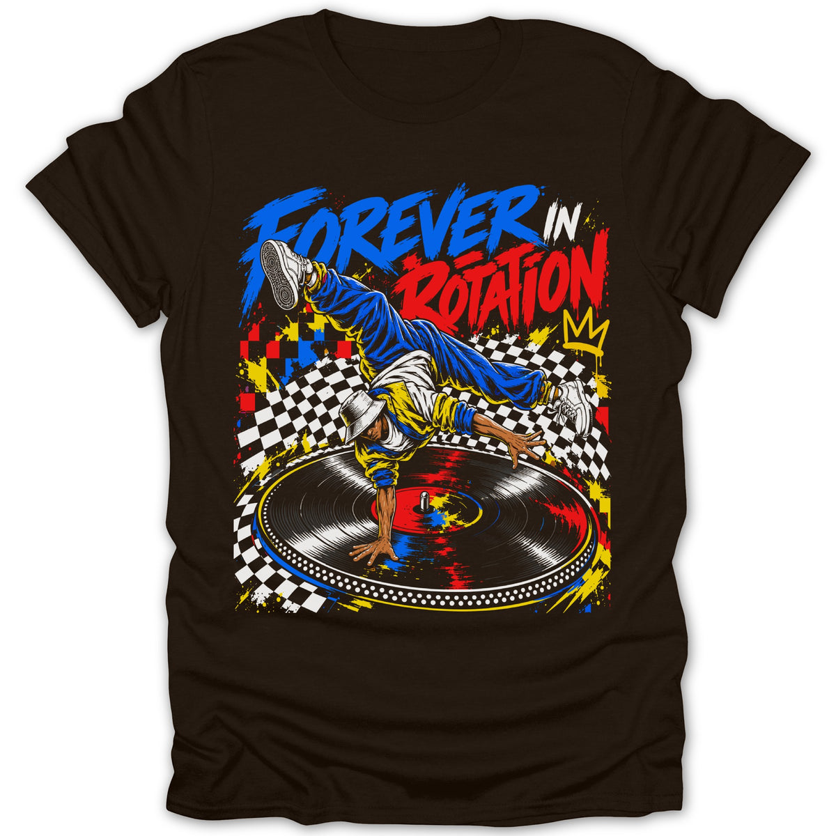 Breaker dancing on a turntable with text "FOREVER IN ROTATION."