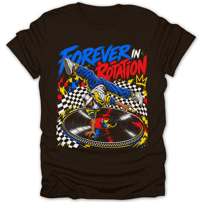 Breaker dancing on a turntable with text "FOREVER IN ROTATION."
