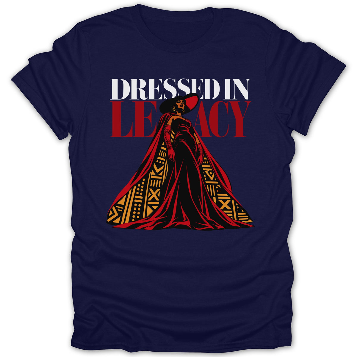Navy t-shirt with "DRESSED IN LEGACY" text and illustration of a woman.