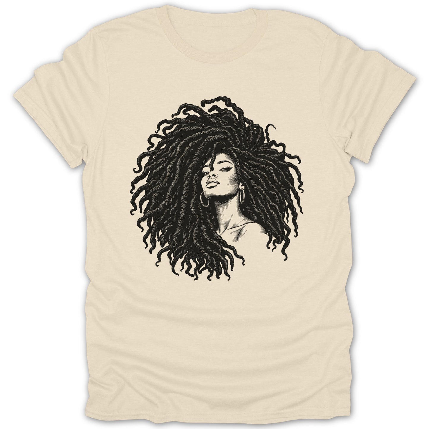 Black and white illustration of a woman with voluminous dreadlocks on a cream t-shirt.