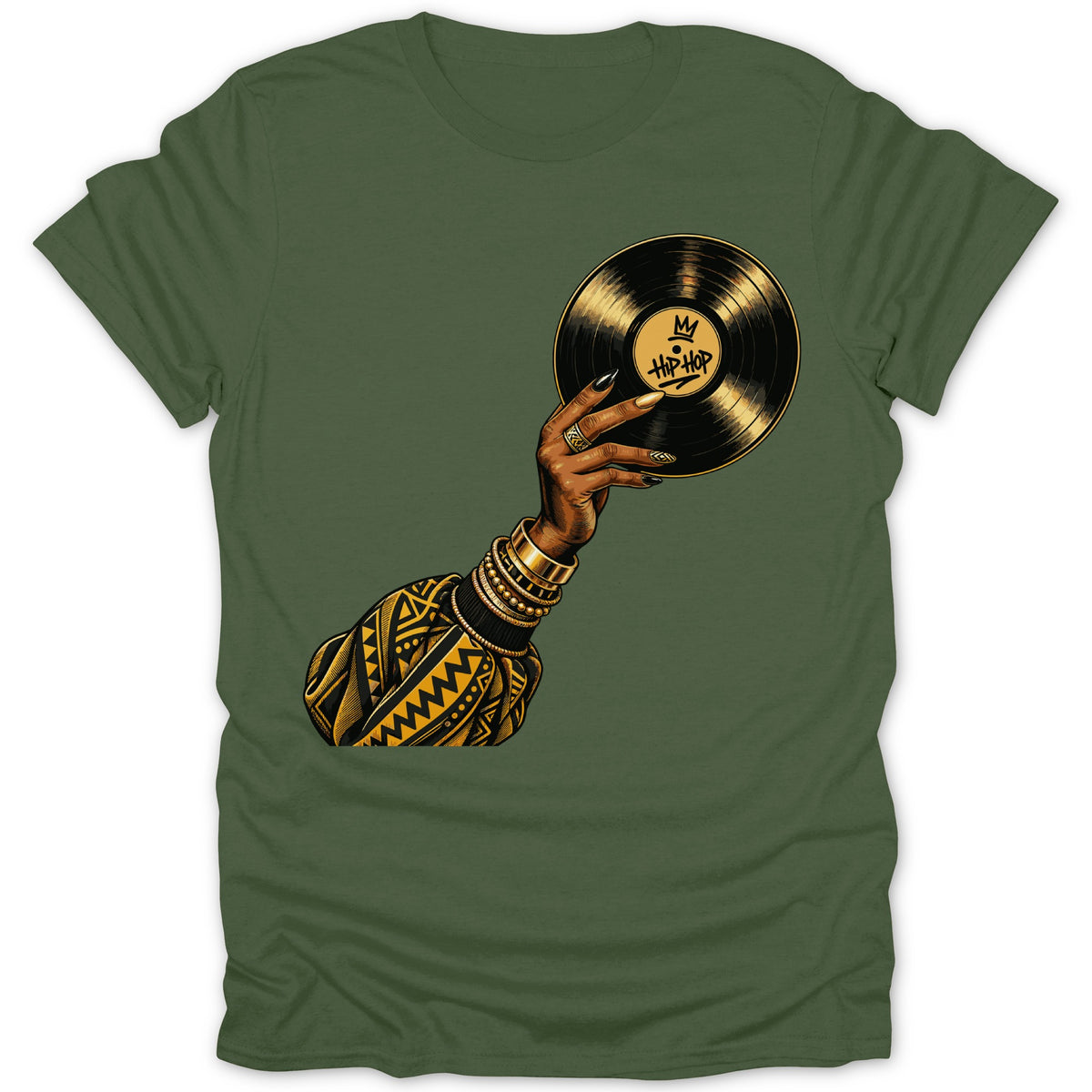 Hand holding a vinyl record with "Hip-Hop" text and crown graphic.