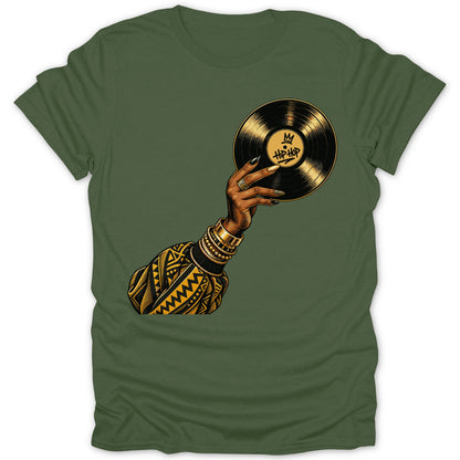 Hand holding a vinyl record with "Hip-Hop" text and crown graphic.