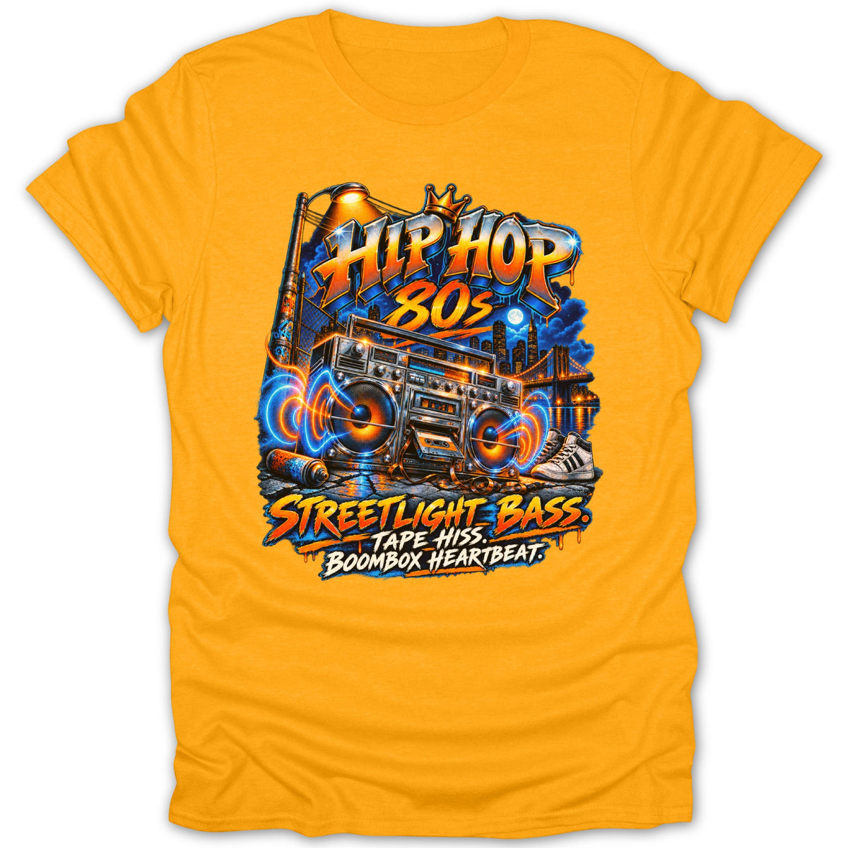 Gold t-shirt with "Hip Hop 80s Streetlight Bass Tape Hiss Boombox Heartbeat" graphic.