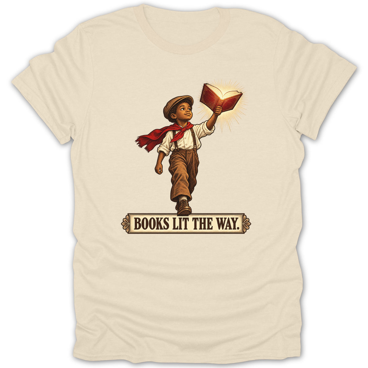Boy in hat and scarf holds up glowing book with text "BOOKS LIT THE WAY."