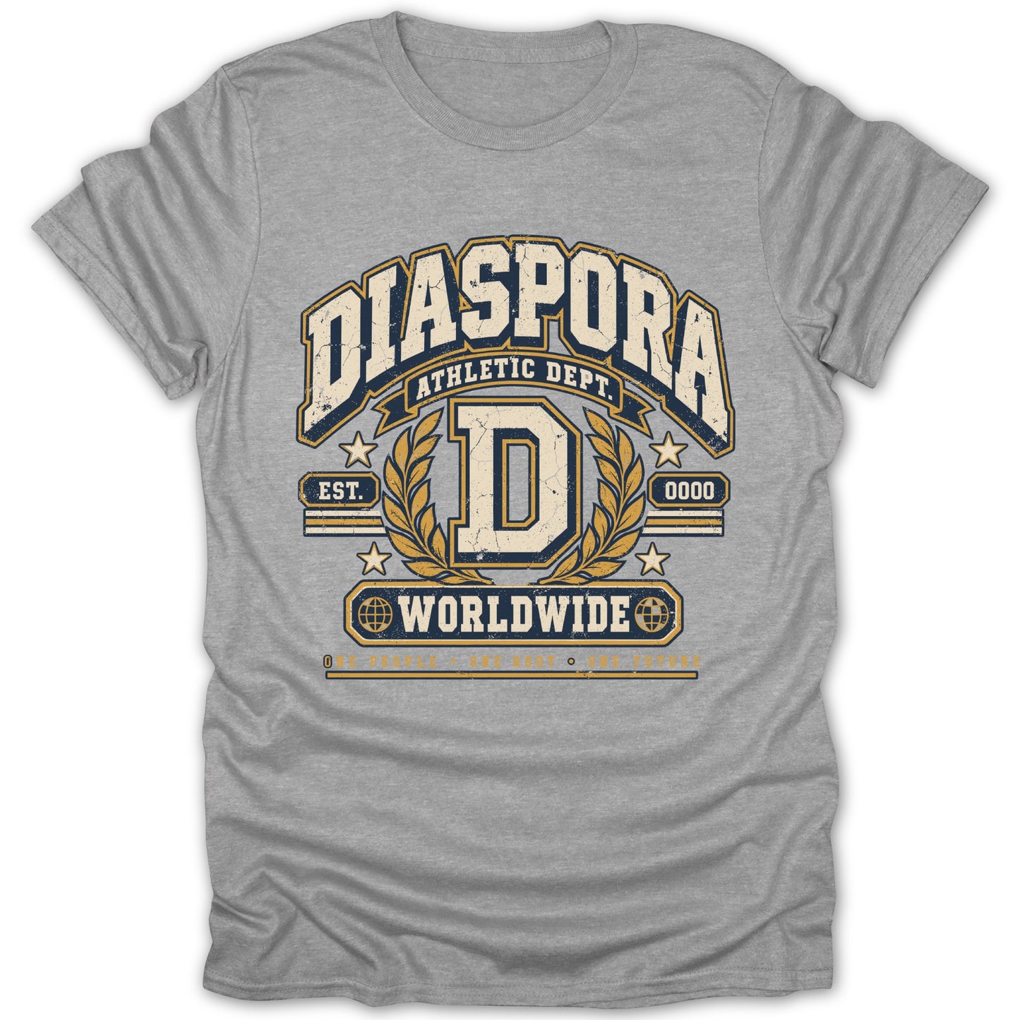 Grey t-shirt with "DIASPORA ATHLETIC DEPT. WORLDWIDE" text and distressed graphic.