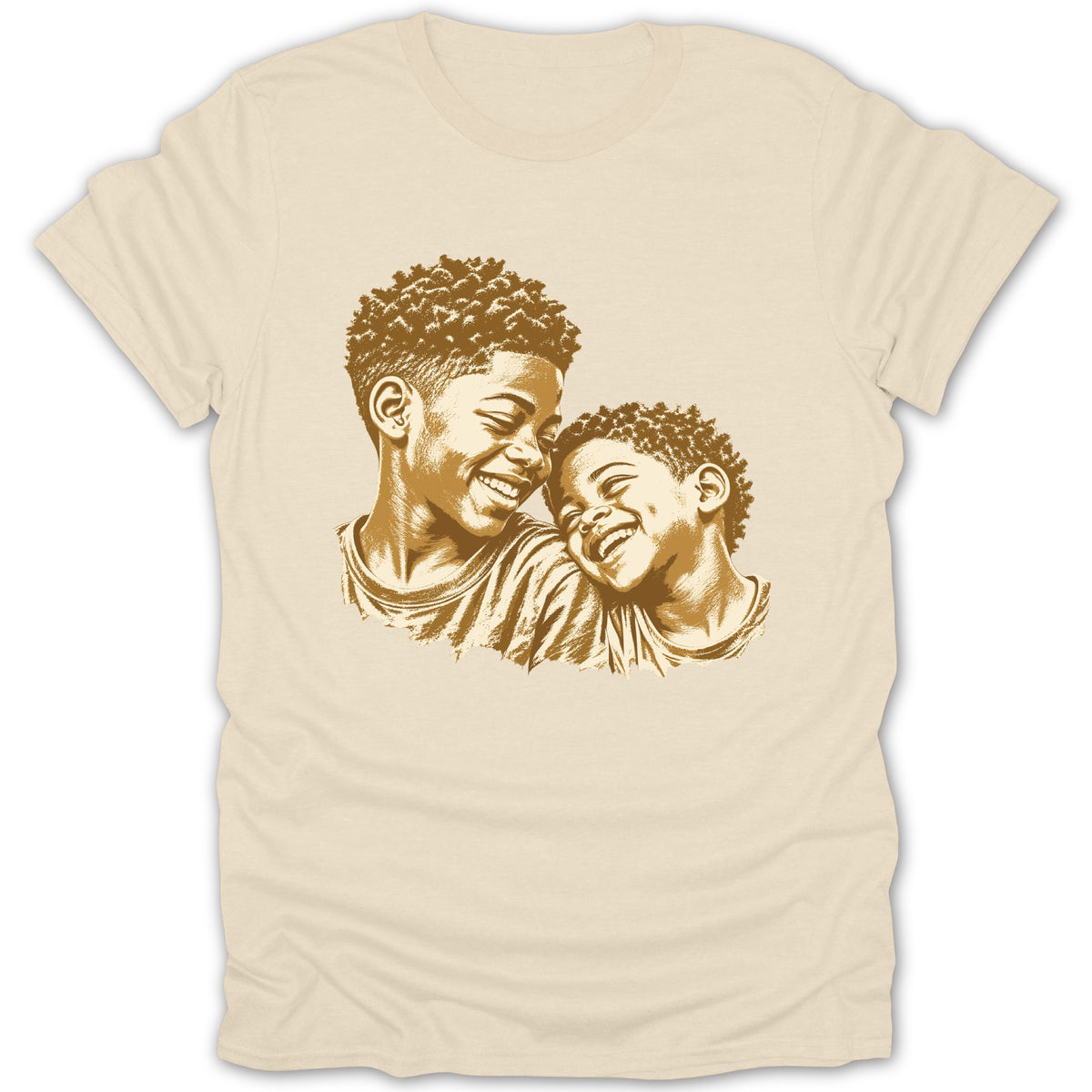 Sketch of two laughing young boys with curly hair on a cream t-shirt.