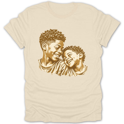 Sketch of two laughing young boys with curly hair on a cream t-shirt.
