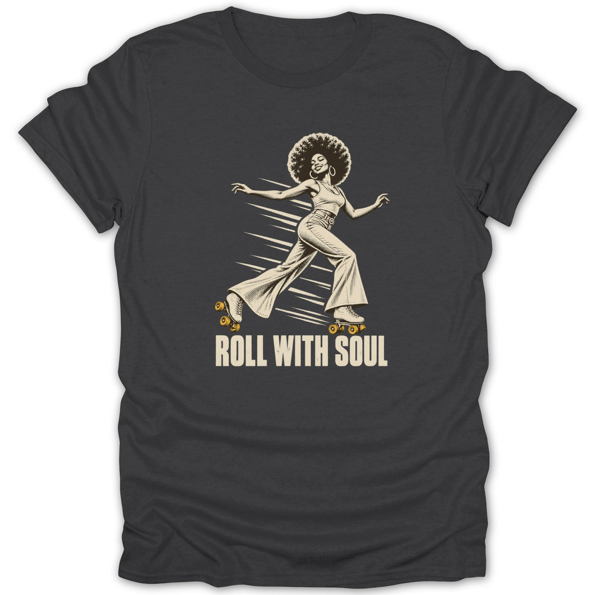 A dark gray t-shirt with a vintage graphic of a roller skater and the text "Roll With Soul".