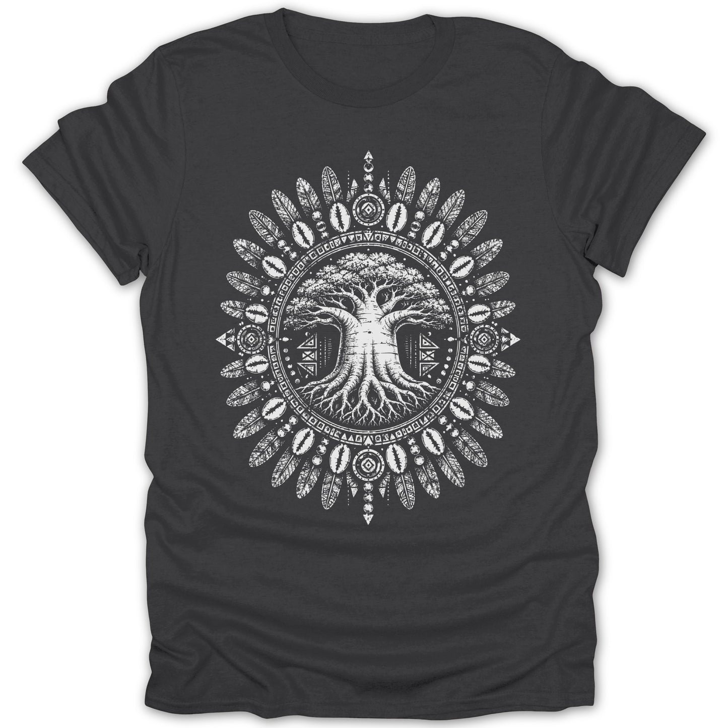 Dark grey t-shirt with a white intricate circular design of a tree and tribal patterns.