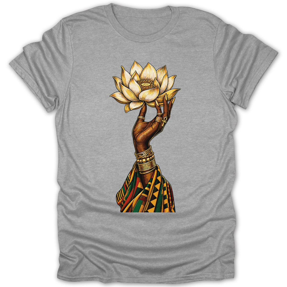 Illustration of a hand holding a lotus flower, adorned with rings and bracelets.