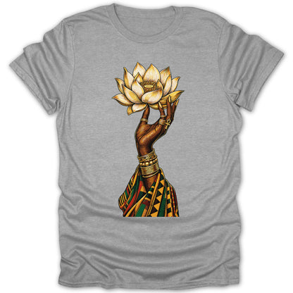 Illustration of a hand holding a lotus flower, adorned with rings and bracelets.
