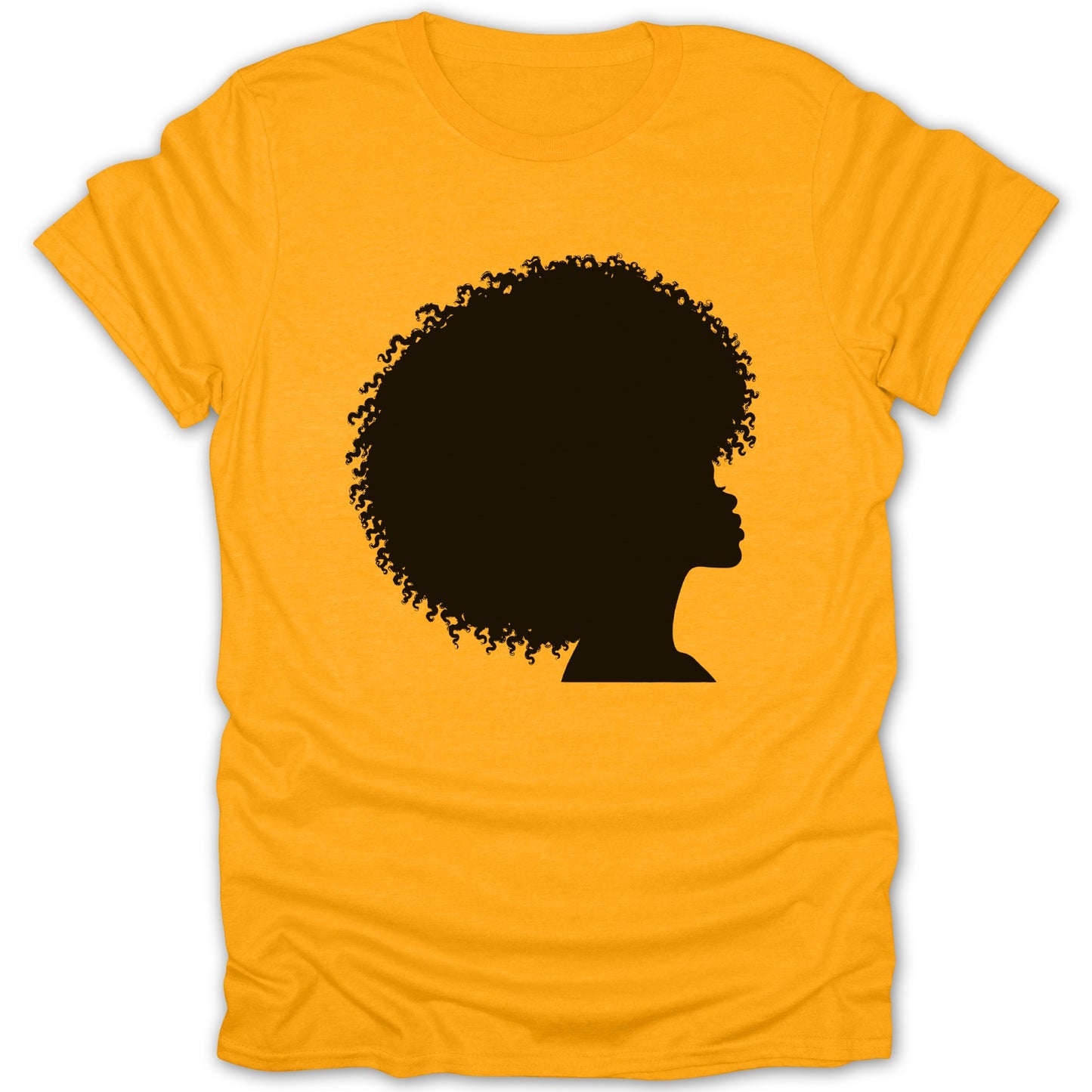 Yellow t-shirt with black silhouette of a woman's profile with an afro.