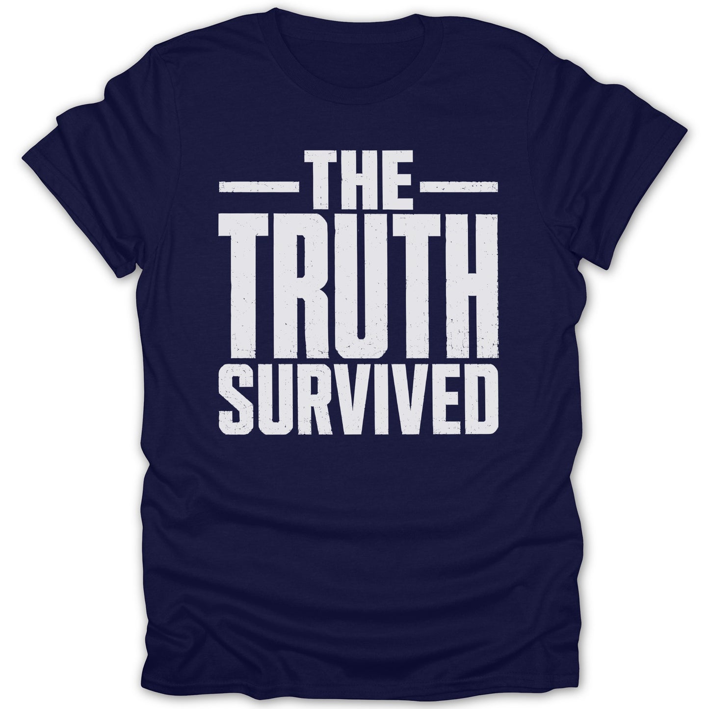 Navy t-shirt with distressed white text reading "The Truth Survived".
