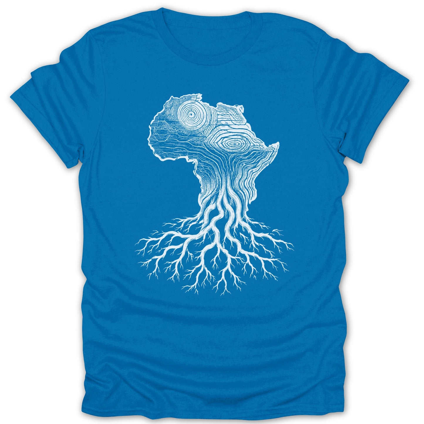 Blue t-shirt with a white graphic of Africa shaped like a tree with roots.