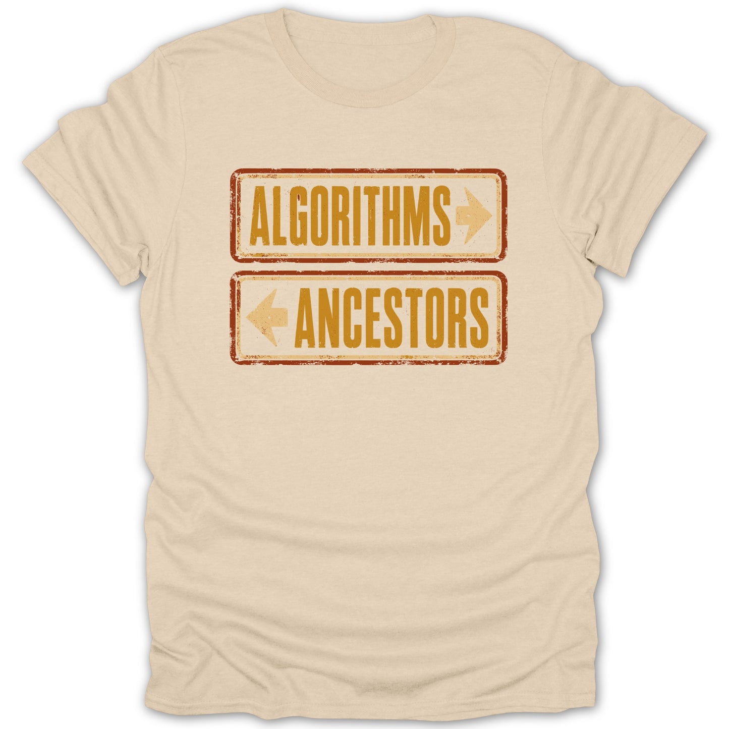 Beige t-shirt with "ALGORITHMS" and "ANCESTORS" text and arrows.