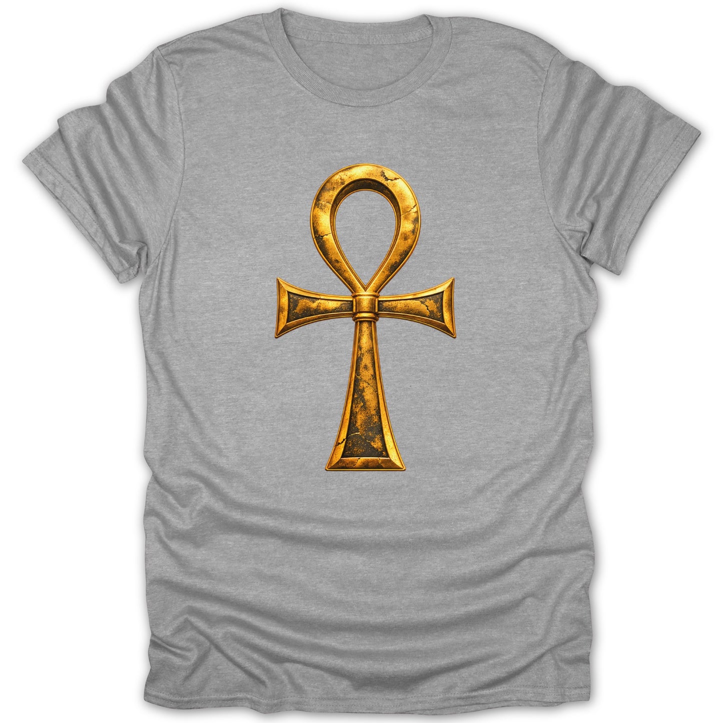 Grey t-shirt with a textured golden ankh symbol prominently displayed.