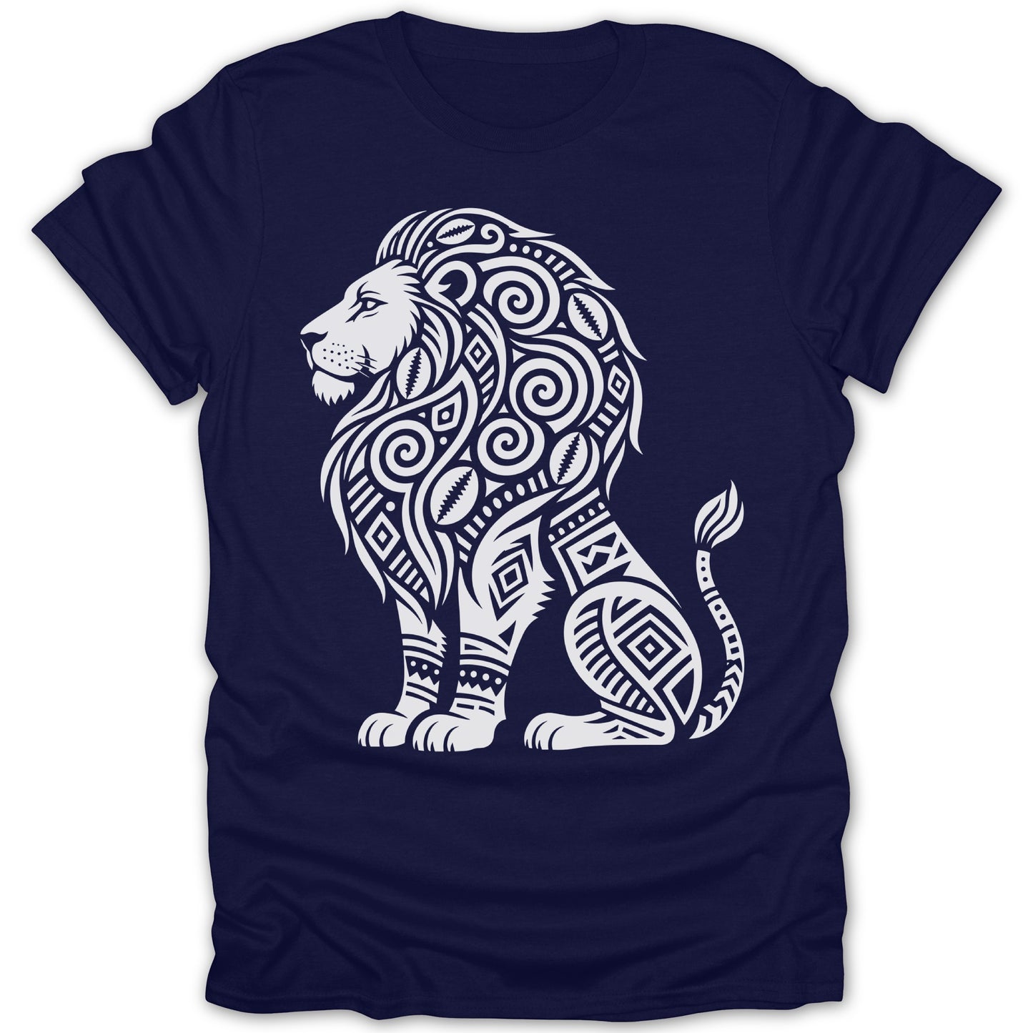 Navy t-shirt with a white abstract lion design.