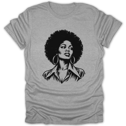 Grey crewneck t-shirt featuring a black and white graphic of a woman with an afro.