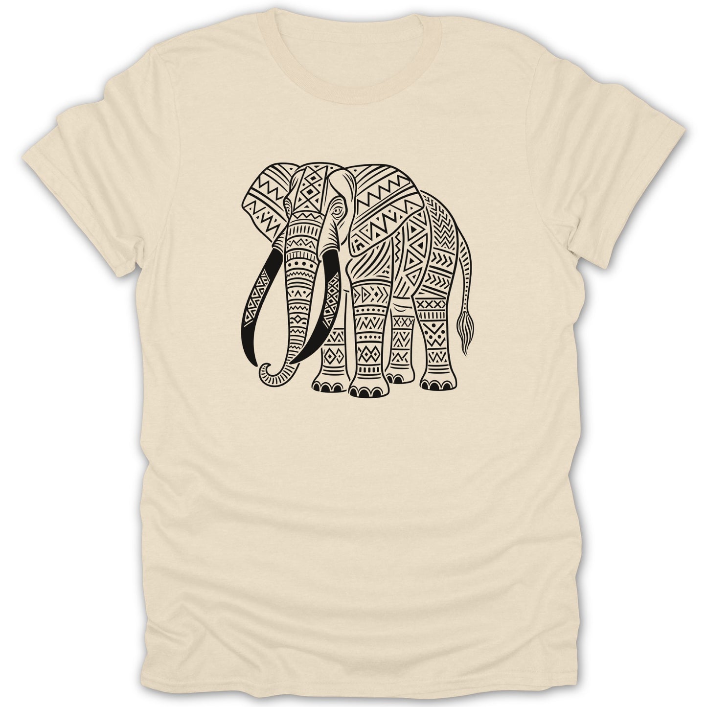 Cream t-shirt with a black elephant graphic featuring tribal patterns.