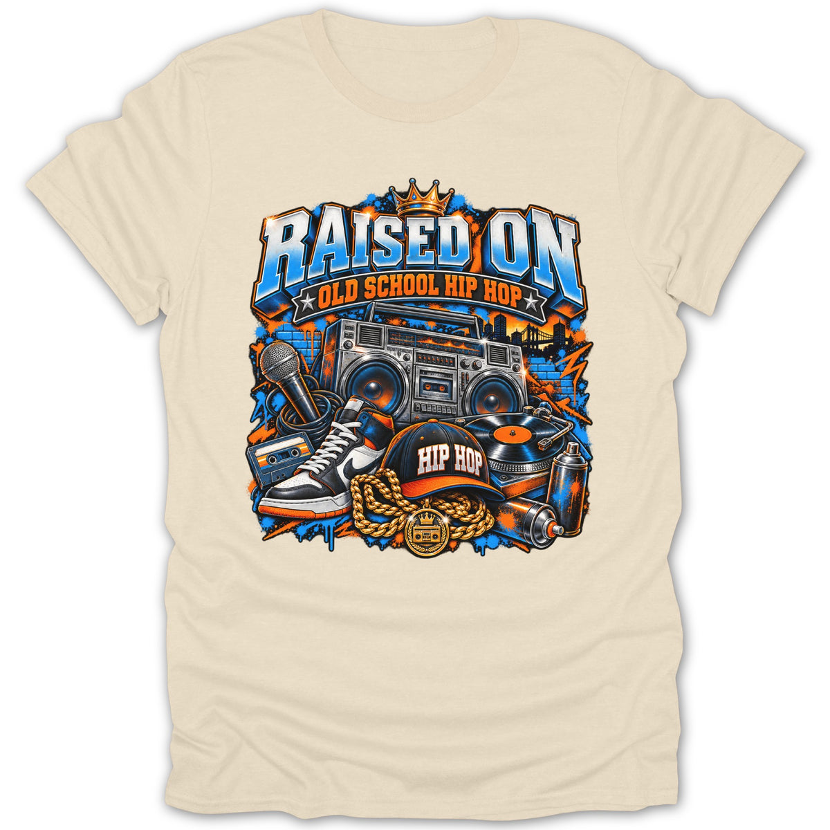 Raised on Old School Hip Hop graphic featuring boombox, microphone, turntable, and graffiti art.