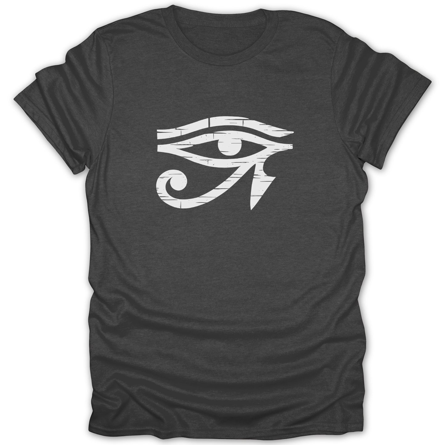 Dark grey t-shirt with white distressed Eye of Horus graphic.