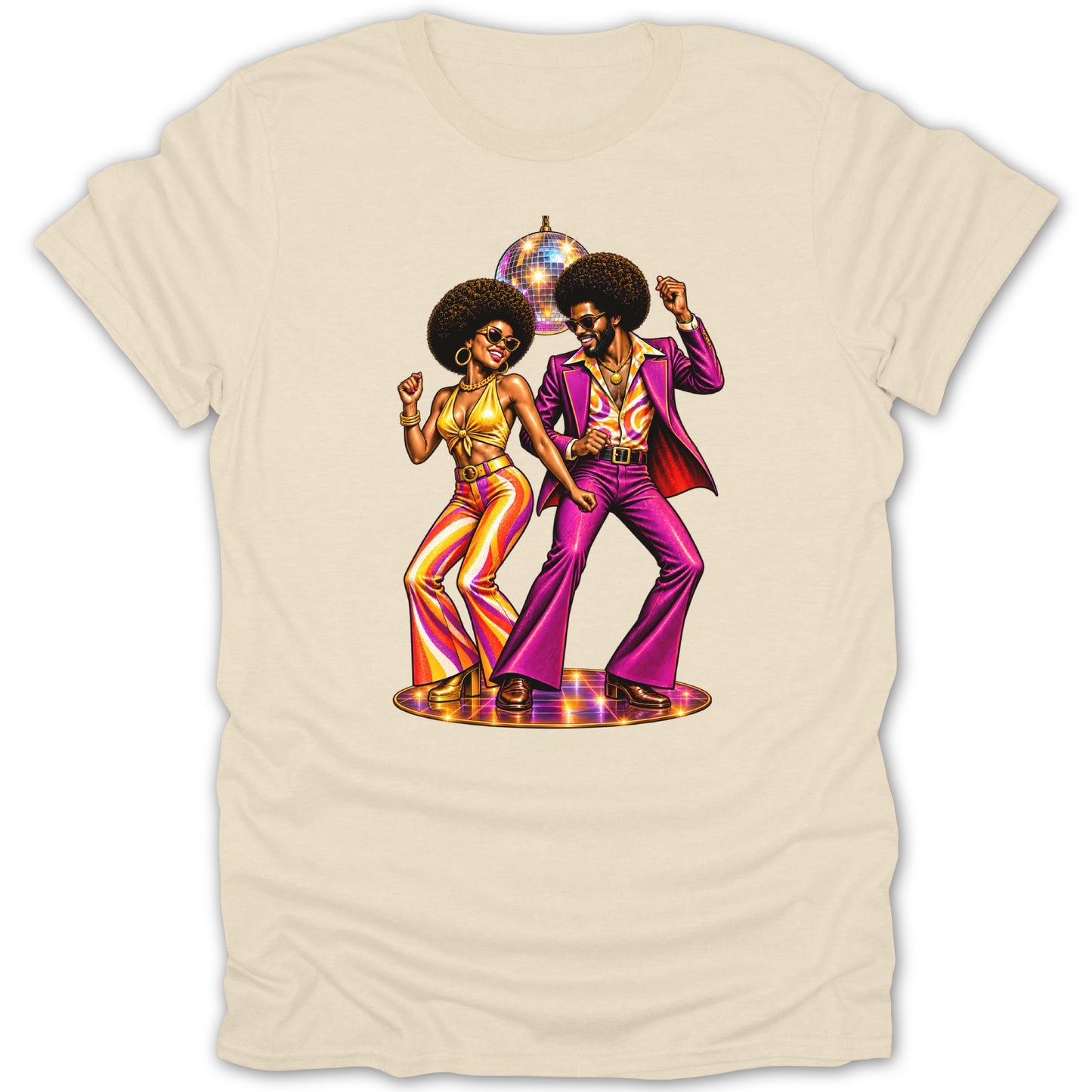 Couple dancing in disco attire with a disco ball above them.