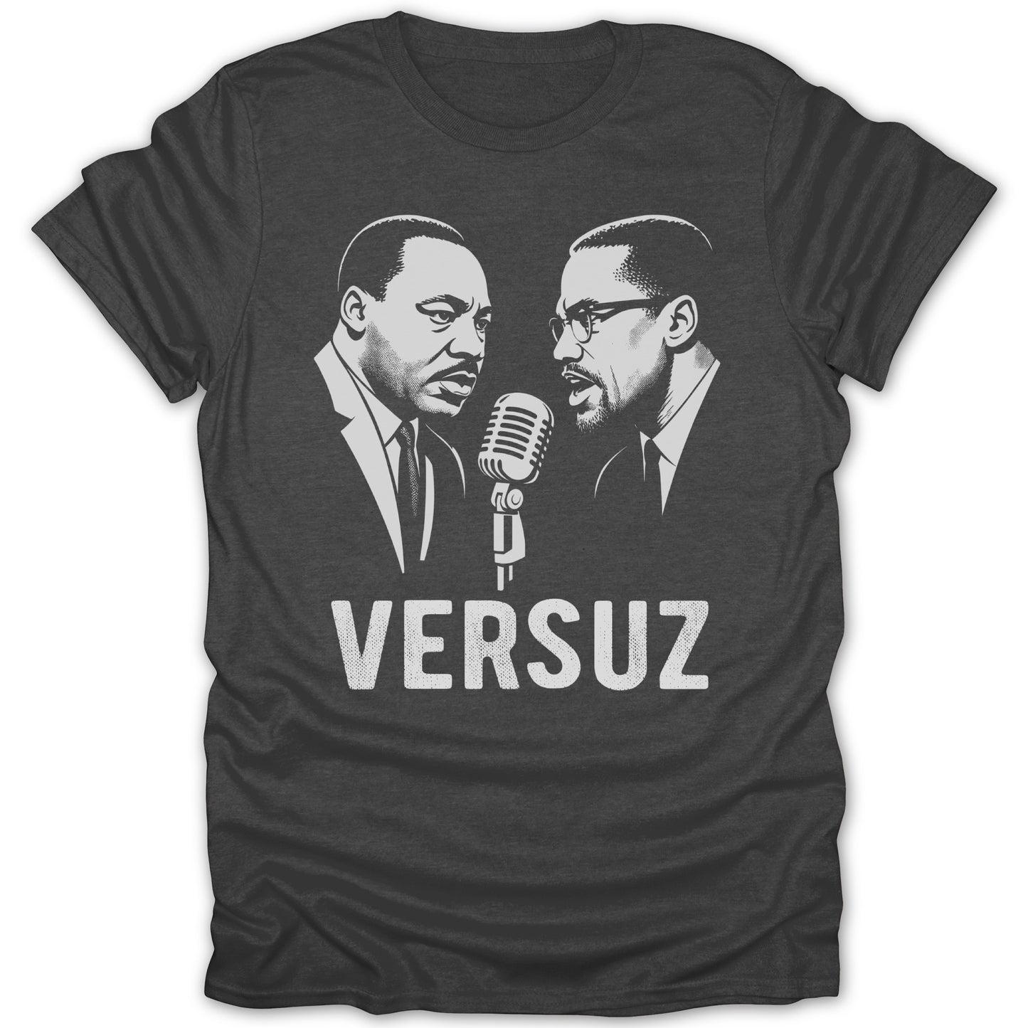 Martin Luther King Jr. and Malcolm X portraits flank a vintage microphone with "VERSUZ" text.