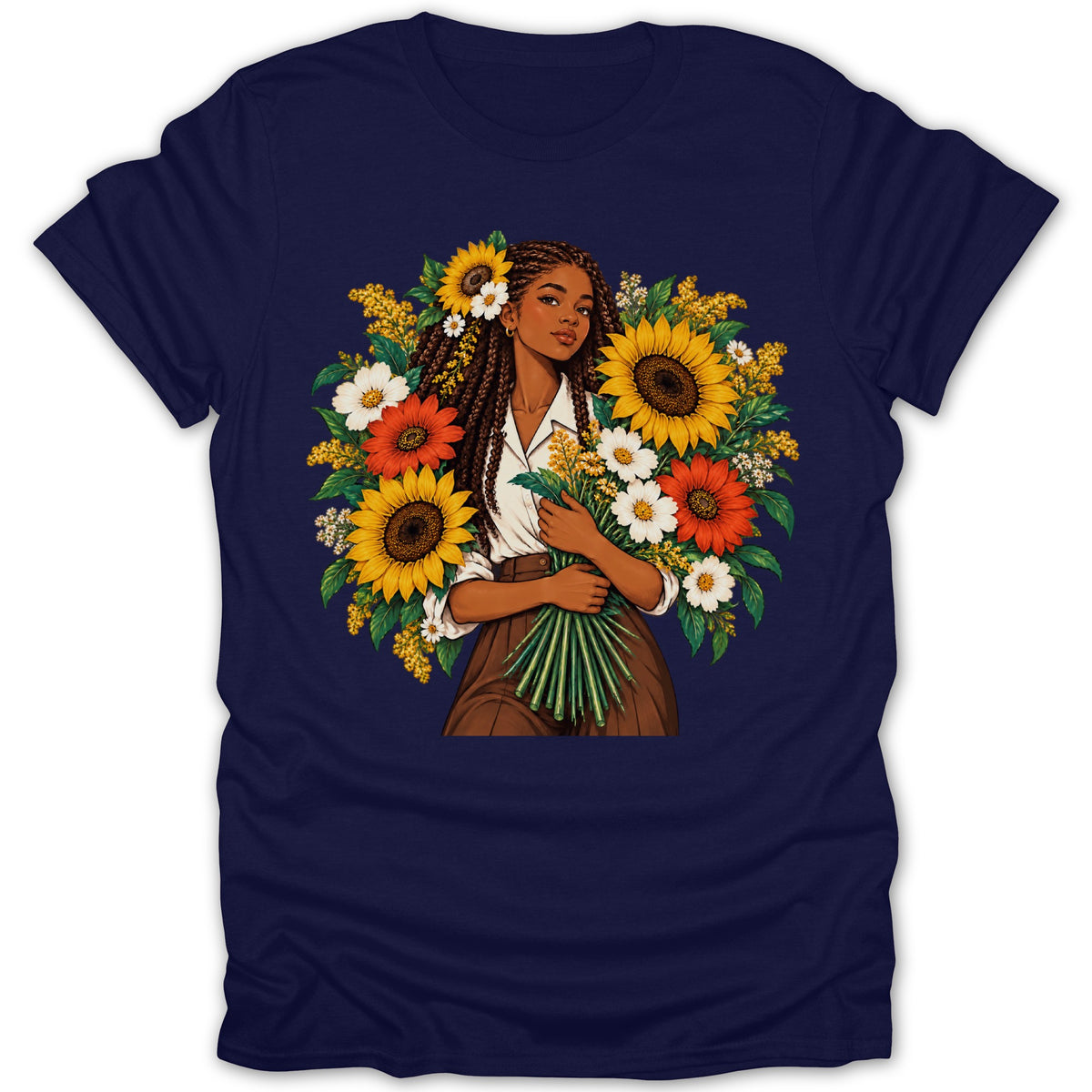 Illustration of a woman holding a bouquet with sunflowers and other flowers.